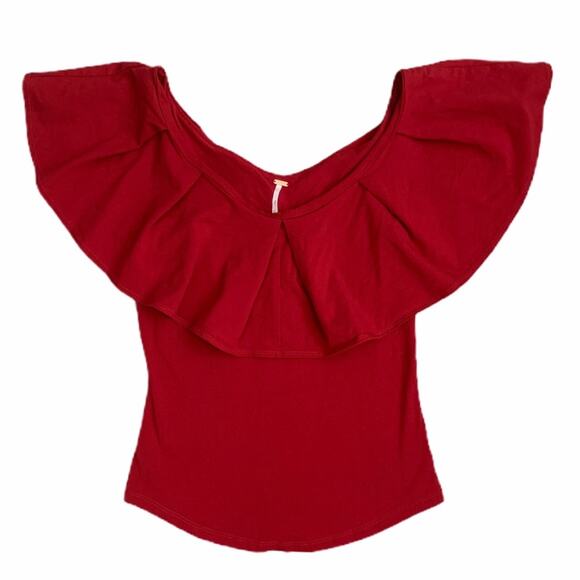 FREE PEOPLE NWOT Ruffle Sleeve Cherry Red Shirt Top Blouse – Small - Picture 5 of 11